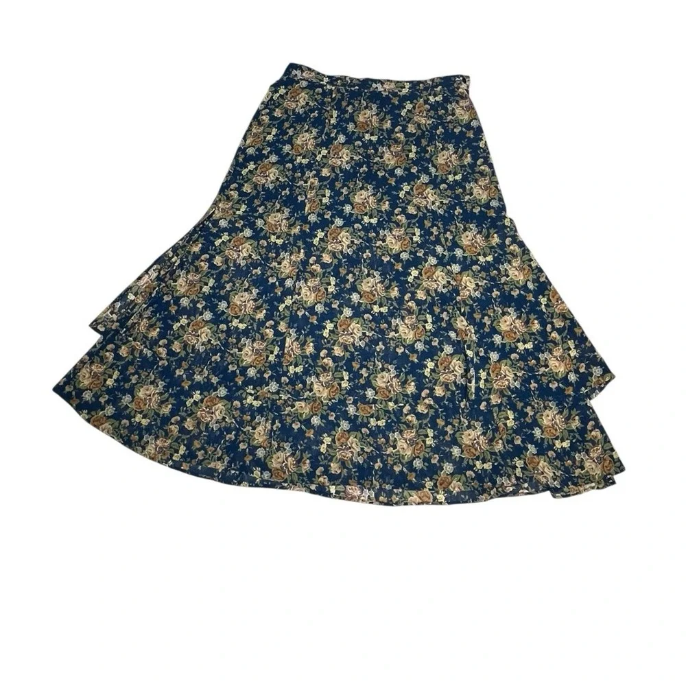 Vtg Liz Claiborne LizSport Blue Floral Maxi Skirt sz 16 Rose Tiered 90s Fairy‎ - Picture 2 of 10